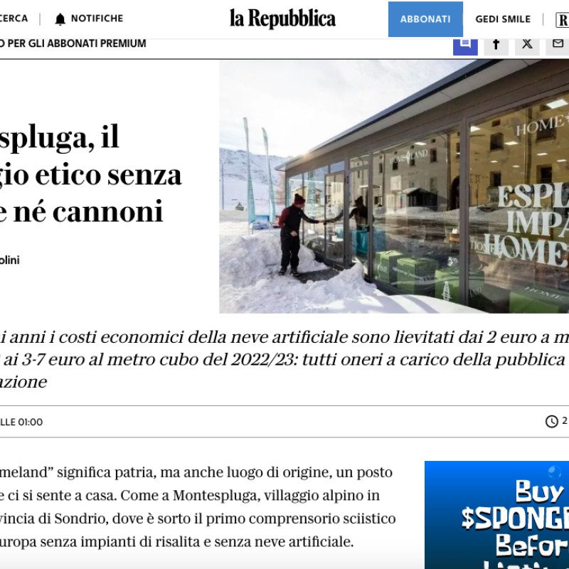 La Repubblica writes "Montespluga, the ethical village without cable cars or cannons"